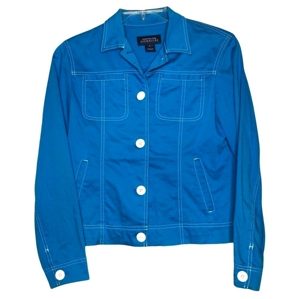 JONES NEW YORK SIGNATURE Blue Denim-Inspired Jacket White Stitching - Size Small